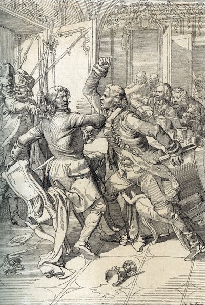Streltsy-oprør: arrestation af medlemmer af streltsy-regimenter (strelets) efter deres ophævelse i 1698 mod progressive innovationer fra tsar Peter den Store, Rusland (Streltsy-opstand: mistænkte medlemmer af Moskvas Streltsy-regimenter arresteret efter St af Peter Johann Nepomuck Geiger