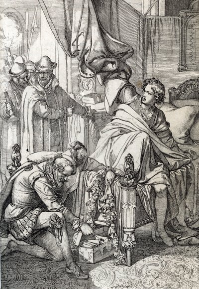 Anholdelsen af Karl af Østrig (1545-1568) (Don Carlos), søn af Filip II af Spanien i 1568 af hans fars mænd (Carlos, prinsen af Asturiens ældste søn og arving efter kong Filip II af Spanien, fængslet af hans far i begyndelsen af 1568) Tegning af en kuglepe af Peter Johann Nepomuck Geiger