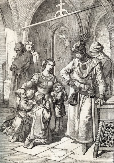 Mordet på den adelige dame Ines de Castro (1320-1355), anden hustru til Peter I (Pedro I) af Portugal i klostret Santa Clara de Coimbra, Portugal 1355 (Hustru til kong Peter I af Portugal Ines Castros mord i klostret af Santa Clara i Co af Peter Johann Nepomuck Geiger