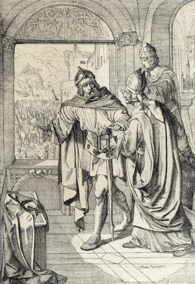 De første medlemmer af Habsburg-dynastiet Radbot og Eveque Werner på tidspunktet for opførelsen af Habsburg-huset i Aargau, Schweiz af Peter Johann Nepomuck Geiger
