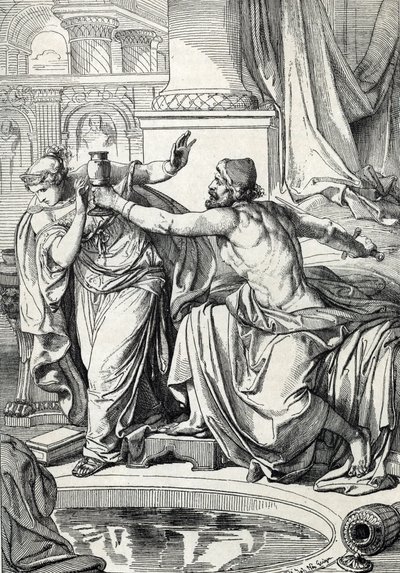 Den gepide prinsesse Rosemonde (død 572) og hendes elsker, morderen af hendes mand, kong Alboin, forgiftede sig selv med den samme kop gift, 572 (Gepid prinsesse Rosamund (eller Rosamunde) og hendes elsker dræber sig selv med den samme kop gift, 572) Tegni af Peter Johann Nepomuck Geiger
