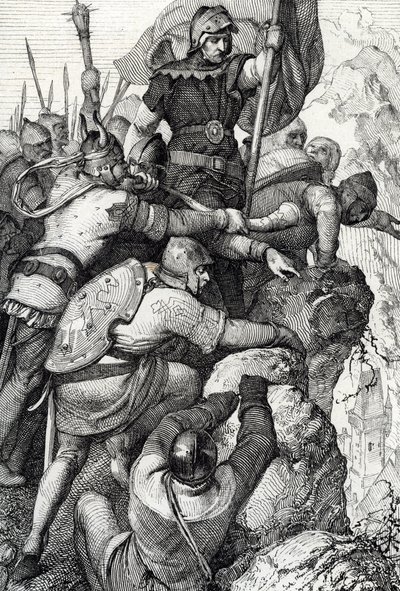 Tropperne fra Othon I af Baviere (1117-1183) nær Verona i Italien 1155 (Otto I, hertug af Bayern og hans hær nær Verona, Italien 1155) Fjertegning fra "Historische Memorabilian des In-und Auslandes"" (Historiske souvenirs) af Anton Ziegler af Peter Johann Nepomuck Geiger