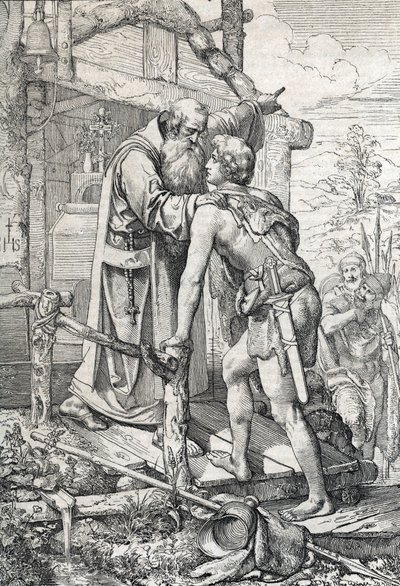 Den unge Odoacre (ca. 433-493) modtager Severins velsignelse, Apotre de Norique, ca. 470 (Odoacer møder munken Severinus af Noricum, der erfarer ham, at han en dag ville blive berømt, 470 ca.) Tegning af en pen tegnet fra "" Historische Memorabilian des af Peter Johann Nepomuck Geiger