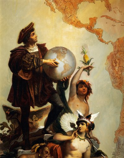 Christopher Columbus (1451-1506), detalje fra Allegori om Charles V af Habsburg (1500-1558) som verdens hersker, maleri af Peter Johann Nepomuk Geiger (1805-1880), Throne Room, Miramare slot, Trieste, Friuli-Venezia Giulia, Italien af Peter Johann Nepomuk Geiger