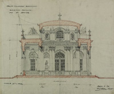 Chokolade-Menier-pavillon, colombiansk verdensudstilling, Chicago, Illinois, sektionsskitse af Peter Joseph Weber