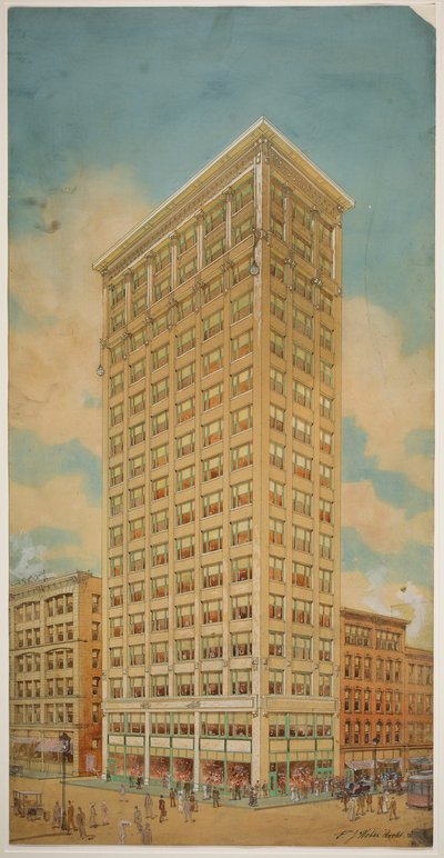 Prairie School Skyscraper, Chicago, Illinois, Perspektiv, 1910. af Peter Joseph Weber