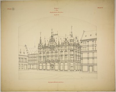 Rathskeller ny bygning, Halle (Saale), Sachsen-Anhalt, Tyskland, Perspektiv (ufærdig) af Peter Joseph Weber