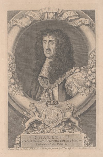 Charles II, konge af England, Skotland, Frankrig og Irland, graveret af George Vertue (1684-1756) af Peter Lely