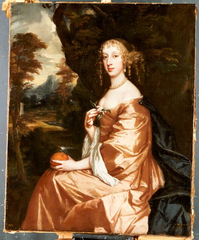 Portræt af Lady Penelope Nicholas, der holder en appelsin i et landskab af Peter Lely