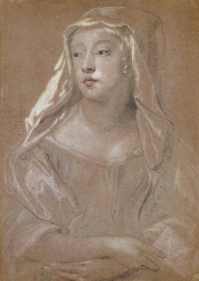 Portræt af en ung dame, traditionelt identificeret som Sarah Jennings, hertuginde af Marlborough, halv længde, holder en bog, hendes hænder krydset på skødet, hendes hovedkjole draperet på hendes skuldre, 1667 af Peter Lely