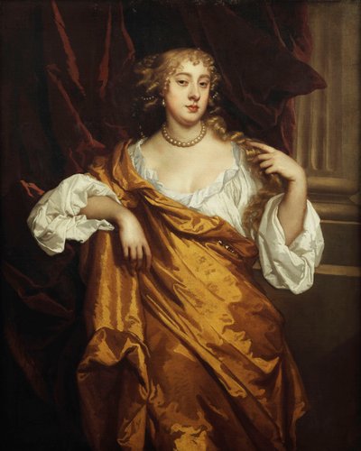 Portræt af Hon. Mary Wharton, stående trekvart længde, i en hvid chemise og gul kappe ved en rødbrun draperet søjle, af Peter Lely