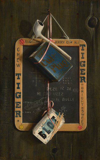 Skifer, pibe, tobak og æske med tændstikker, ca. 1890-1900 (olie på lærred) af Peter McCallion