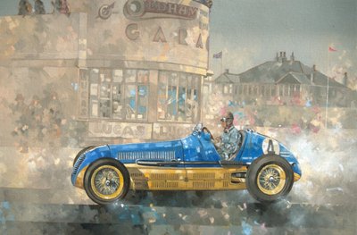 Blå og gul Maserati af Bira (olie på lærred) af Peter Miller