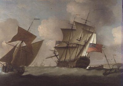 En tredjerangs slutter sig til hendes eskadron ud for Elizabeth Castle, Jersey af Peter Monamy