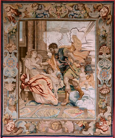 flamsk gobelin. Serie Historie om konsul Decius Mus. Mars viser sig for Rhea Silvia (Aparición de Marte a Rea Silvia). Ottende gobelin i serien. Model P P Rubens. Fremstilling Jan Raes II, Bruxelles. Ca1620-1629. Stof Guld, sølv, silke og uld. af Peter Paul (after) Rubens
