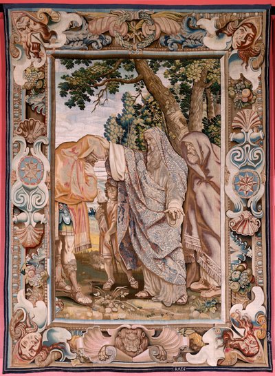 flamsk gobelin. Serie Historie om konsul Decius Mus. Valerius velsigner Decius. Fjerde gobelin i serien. Model PP Rubens. ; Fremstilling Jan Raes II, Bruxelles. Ca 1620-1629. Stof Guld, sølv, silke og uld. Størrelse 405 x 330 cm. Beliggenhed Royal Pal af Peter Paul (after) Rubens