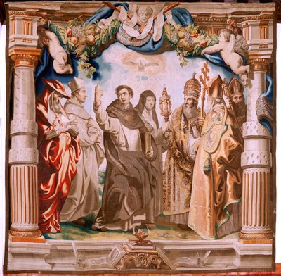 flamsk gobelin. Serien Eukaristiens triumf. Eukaristiens forsvarere (os defensores de la Eucaristía). Tiende gobelin i serien. Model Peter Paul Rubens. 1626-1628. Fremstilling Jan II Raes, Hans Vervoert, Jacques Fobert, Bruxelles af Peter Paul (after) Rubens