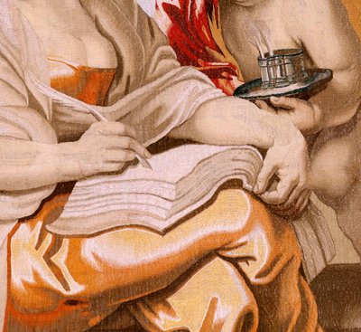 flamsk gobelin. Serien Eukaristiens triumf. Visdom er inspireret af Helligånden (La Sabiduría inspirada por el Espíritu Santo). Nittende gobelin i serien. Model Peter Paul Rubens. 1626-1628. Fremstilling Jacob II Geubels, Bruxelles af Peter Paul (after) Rubens