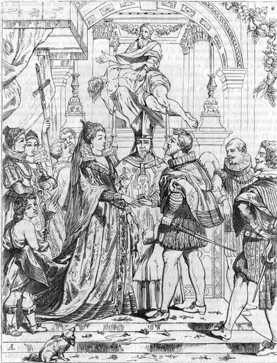 Ægteskab efter fuldmagt af Marie de Medicis (1576-1642) med Henrik IV i Firenze, 5. oktober 1600. Stik af Pierre Paul (Pierre-Paul) Rubens (eller Peter Paul eller Petrus Paulus) (1577-1640). af Peter Paul (after) Rubens