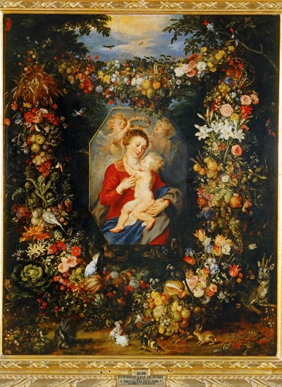 Maria, jomfru og barn med krans af blomster og frugter ... af Peter Paul & Brueghel Jan (1601 78) Rubens