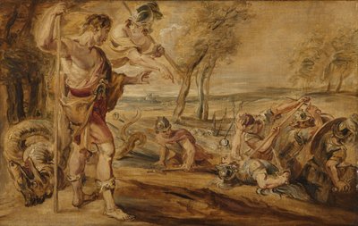 Cadmus, guidet af Minerva, observerer Spartoi-kampene af Peter Paul Rubens (after)