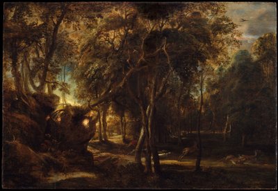 A Forest at Dawn with a Deer Hunt, c.1635 af Peter Paul Rubens