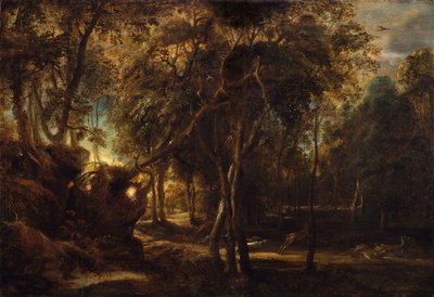 En skov ved daggry med en hjortejagt, ca. 1635. af Peter Paul Rubens