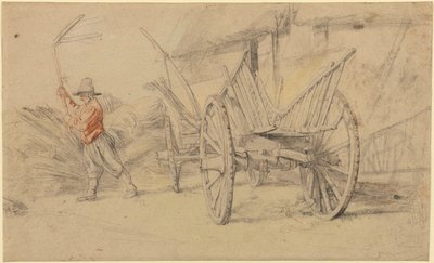 En mand i gang med at tærske ved siden af en vogn med landbrugsbygninger bagved af Peter Paul Rubens