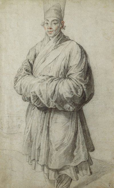 En mand i koreansk kostume, iført en gennemsigtig hovedbeklædning af hestehår, næsten i fuld længde, et skib til venstre, af Peter Paul Rubens