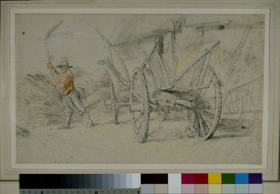 En mand, der tærsker ved siden af en vogn, landbrugsbygninger bagved af Peter Paul Rubens