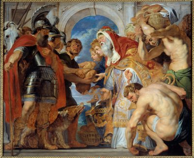 Abraham og Melkisedek. Da han vendte tilbage fra et sejrrigt felttog, mødte Abraham Melkisedek (eller Melkisedek eller Melkisedek eller Melkisedek eller Melkisedek), konge af Salem, som bragte ham brød og vin. Han var præst og udtalte denne velsignelse: af Peter Paul Rubens