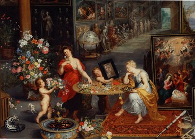 Allegori om syn og lugt Detalje. Unge kvinder nær et bord dækket med blomster og juveler præsenterer en engel et spejl til en af de kvinder, der beundrer sig selv. Kunstværker samler sig i baggrunden. En ilder ligger til venstre. Maleri af Pierre Pa af Peter Paul Rubens