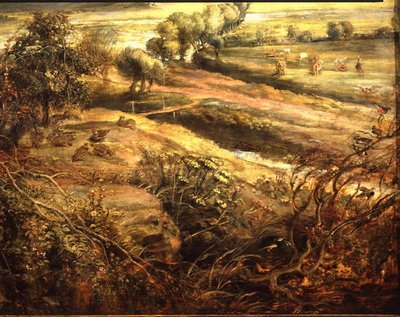 Et efterårslandskab med udsigt over Het Steen i den tidlige morgen, ca. 1636 (olie på panel) (detaljer fra 211075) af Peter Paul Rubens