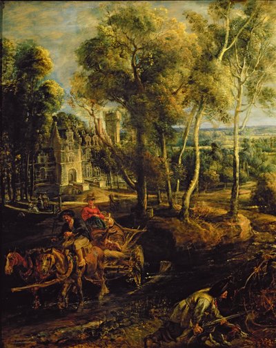 Et efterårslandskab med udsigt over Het Steen i den tidlige morgen, ca. 1636 olie på paneldetalje af 211075 af Peter Paul Rubens