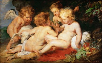 Kristus og Johannes Døberen som børn med to engle - Pieter Paul Rubens (1577-1640). Olie på træ, ca. 1615-1620. Mål: 76,5x122,3 cm. Kunsthistorisk museum, Vienne af Peter Paul Rubens