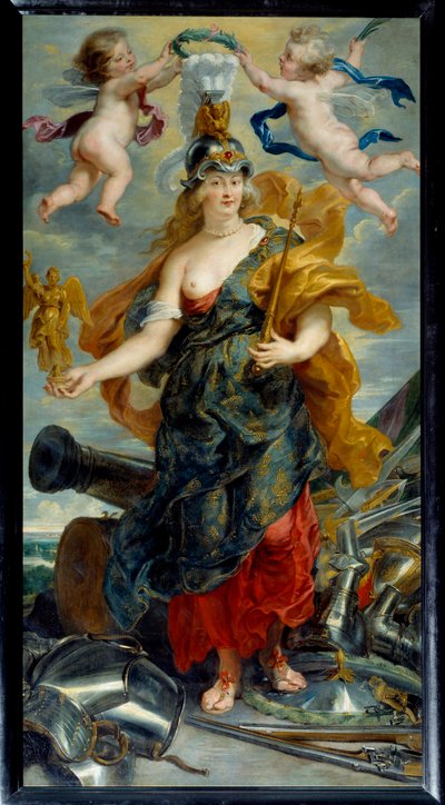 Cycle des Medicis: ""Portrait en pied de Marie de Medicis en Bellona (1573-1642) dronning af Frankrig"" Maleri af Pierre Paul (Pierre-Paul) Rubens (ou Peter Paul eller Petrus Paulus) (1577-1640) (ec .flam.) 1621 søn. 2,76x1,49 m af Peter Paul Rubens