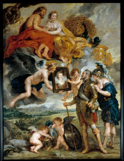 Cycle des Medicis: "" Kongen af Frankrig Henrik IV (1553-1610) modtager portrættet af Marie de Medicis (1573-1642)"" Maleri af Pierre Paul (Pierre-Paul) Rubens (eller Peter Paul eller Petrus Paulus) ( 1577-1640) 1600-tallet søn. 3,9x2,9 m af Peter Paul Rubens