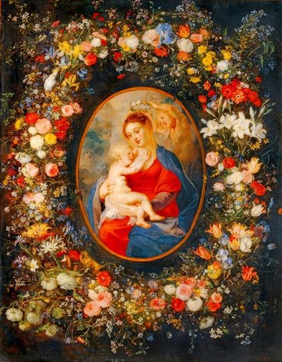 Jomfruen, Jesusbarnet og engle midt i en krans af blomster af Peter Paul Rubens