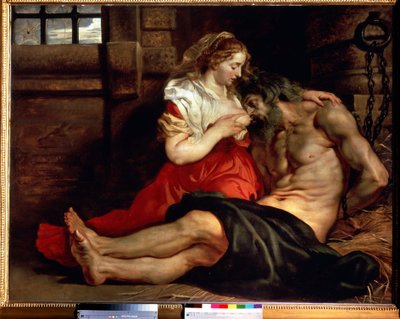 romersk velgørenhed. En kvinde ammer en mand i fængslet og fortsætter. Cimon dømt til at sulte i fængslet spiser på brystet af sin datter Pero. Maleri af Peter Paul (Pierre-Paul) Rubens (eller Peter Paul eller Petrus Paulus) (1577-1640). af Peter Paul Rubens