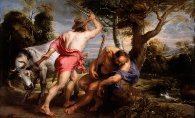 ""Mercury and Argus"" Mercury bliver instrueret af Zeus om at lade Argus sove, Ios vogter, forvandlet til en kvie af Hera (Mercury and Argus) Maleri af Pieter Paul Rubens (1577-1640) 1636-1638 Dim 180x298 cm Museo del Prado, Madrid af Peter Paul Rubens