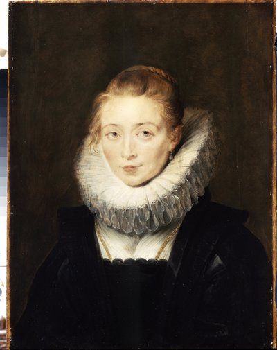Portræt af en ventedame til Infanta Isabella (1566-1633). Hun har et jordbærkrave på. (Portræt af dame, der venter på Infanta Isabella). Maleri af Peter Paul (Pierre-Paul) Rubens (eller Peter Paul eller Petrus Paulus) (1577-1640). olie su af Peter Paul Rubens