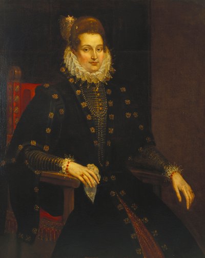 Portræt af en dame siddende trekvart længde i en sort kjole med ryg af Peter Paul Rubens