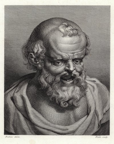 Portræt af den antikke græske filosof Democritus (stipple gravering) af Peter Paul Rubens
