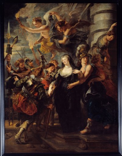 Dronning Marie de Medicis (1573-1642) flygtede fra Chateau de Blois natten mellem den 21. og 22. februar 1619. Dronningen af Frankrig i eksil ved Blois under "Mor og Søns krig" flygtede til Angouleme. Engle med fakler guider dronningen på rette vej. Smerte af Peter Paul Rubens