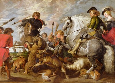Rubens hans anden kone og søn i en ulv- og rævejagt, efter en original af Rubens af Peter Paul Rubens