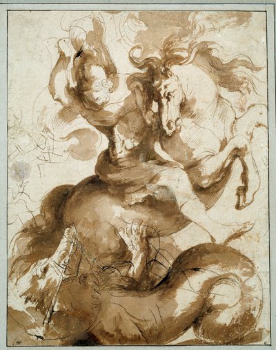 Saint George dræber dragen. Tegning af Pierre Paul (Pierre-Paul) Rubens (eller Peter Paul eller Petrus Paulus) (1577-1640) Ec. Flam. af Peter Paul Rubens
