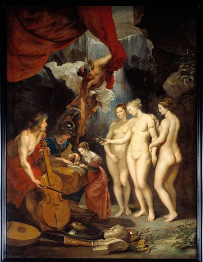 The Education of Mary of Medicis Allegorie, der repræsenterer undervisningen af den unge dronning Mary af Medicis (1573-1642) mellem Minerva, Mercury, Apollo og de tre Gracer. Maleri af Pierre Paul (Pierre-Paul) Rubens (eller Peter Paul eller Petrus Paulus af Peter Paul Rubens