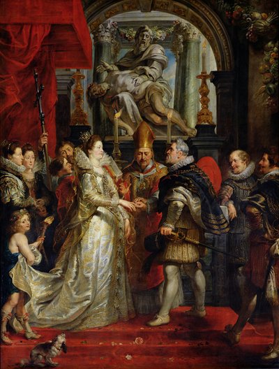 Marie de Medici (1573-1642) og Henri IV (1573-1642) blev gift ved fuldmagt 5. oktober 1600, 1621-25 af Peter Paul Rubens