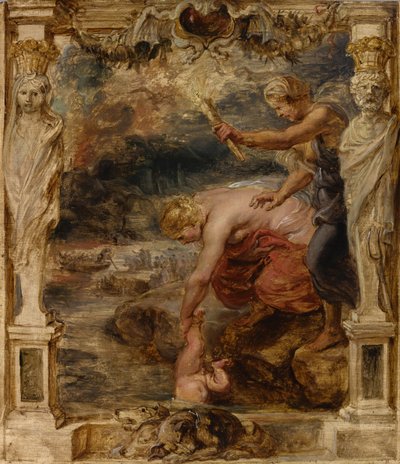 Thetis dypper spædbarnet Achilleus i floden Styx, ca. 1635. af Peter Paul Rubens