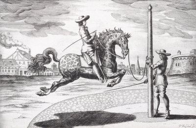 A Horse en Capriole fra New Treatise for Breeding Horses skrevet af Winters, Stuterey og Reit-Schul, indgraveret af kunstneren, pub. 1672 stik af Peter Paul Troschel
